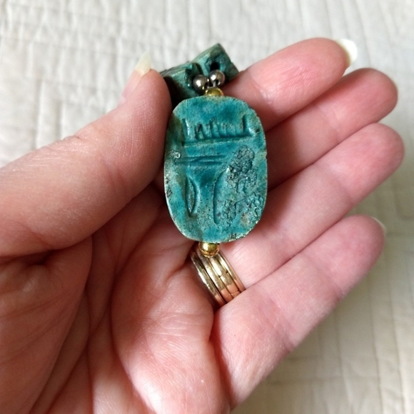 Vintage 1970s Hand Carved Ceramic Bohemian Egyptian Revival Scarab Necklace - Picture 4 of 9